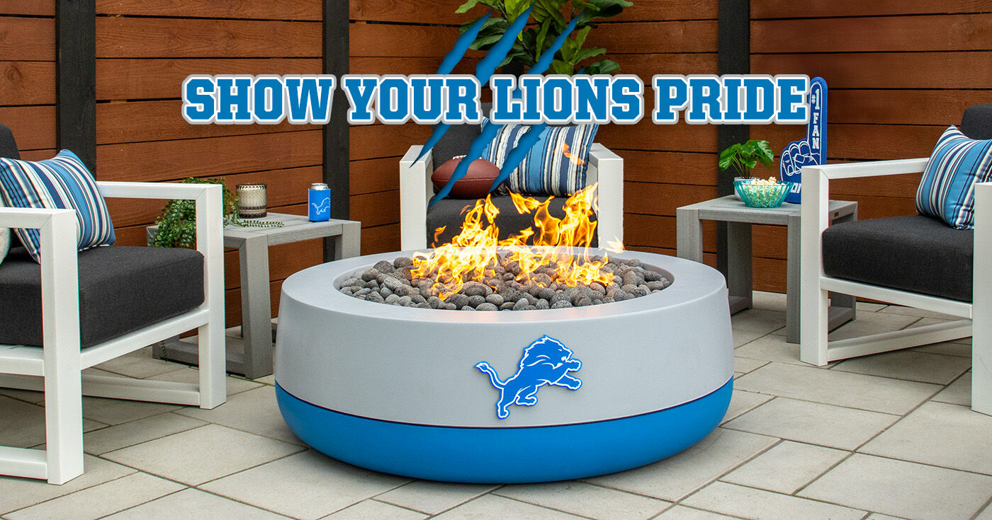 The limited-edition "One Pride" Detroit Lions Duo Gas Fire Pit in silver and Honolulu blue
